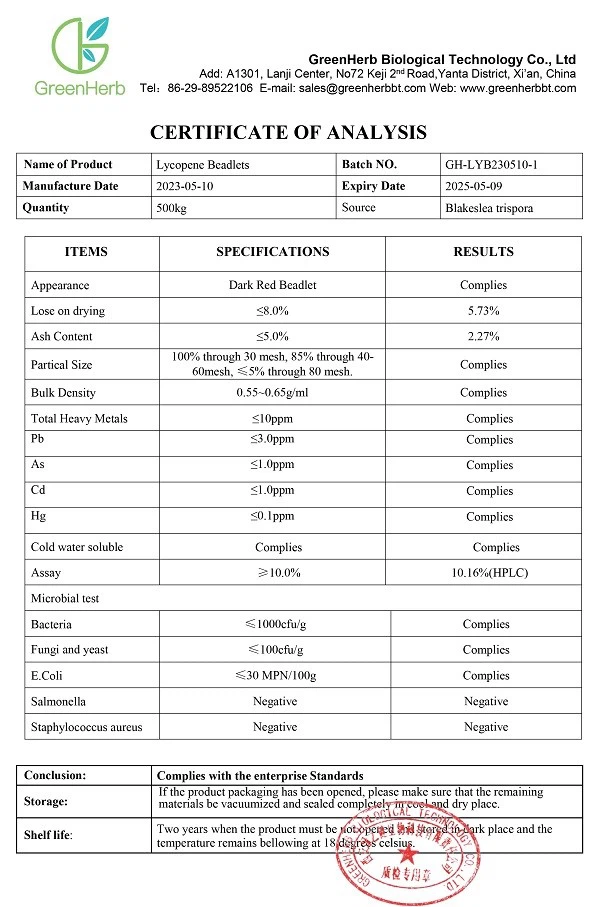 Lycopene Powder COA