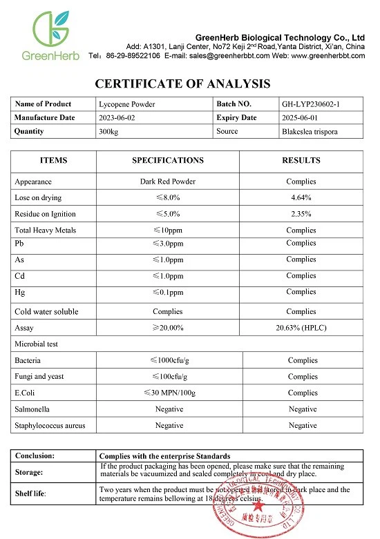 Lycopene Powder COA