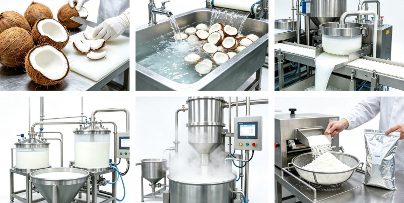 Spray drying production process flowchart for coconut milk powder refinement Spray drying production process flowchart for coconut milk powder refinement
