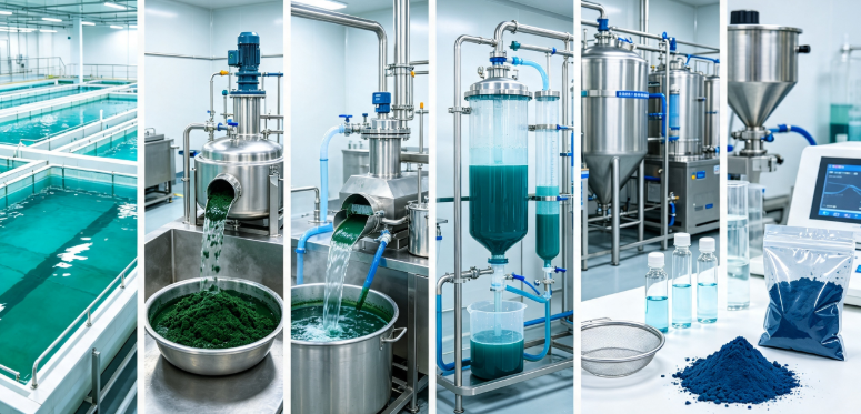 Aqueous extraction process flowchart for phycocyanin purification from spirulina