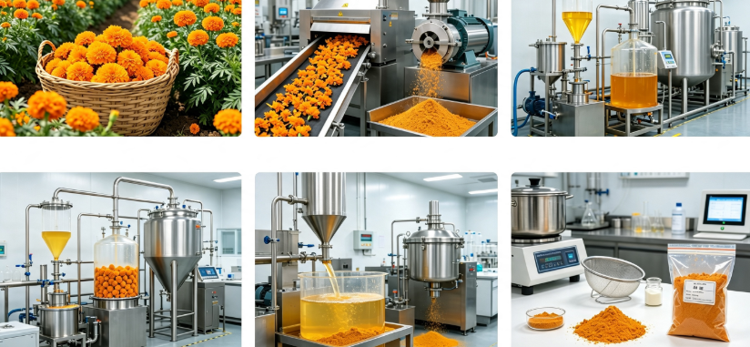 Solvent extraction process flowchart for lutein purification from marigold flowers Solvent extraction process flowchart for lutein purification from marigold flowers