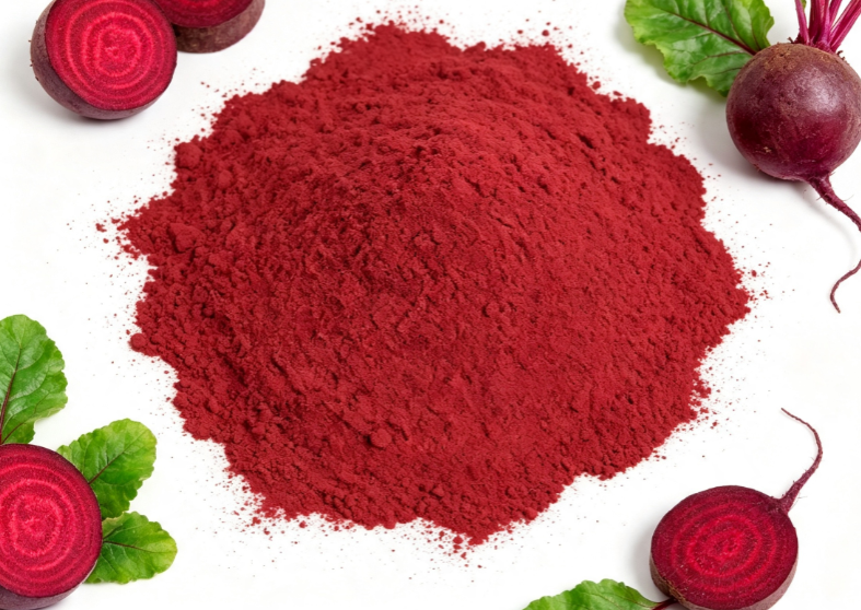 Dehydrated red beet root powder macro photography