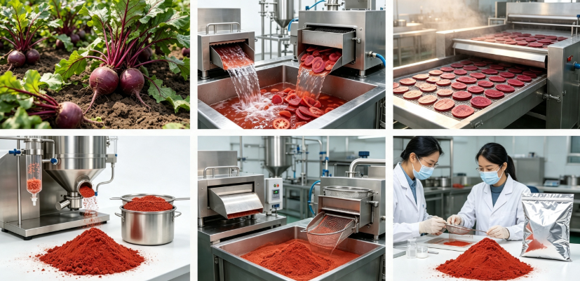 Spray drying & pulverization process flowchart for red beet root powder production