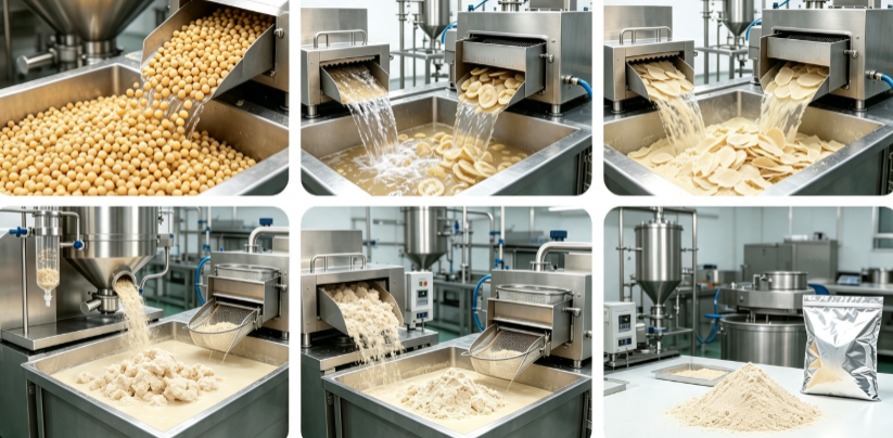 Alkaline extraction & spray drying process flowchart for pure soy protein refinement Alkaline extraction & spray drying process flowchart for pure soy protein refinement