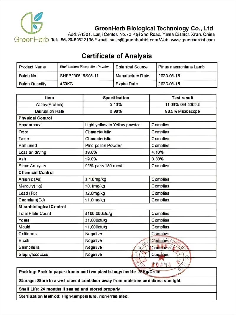 Cell Wall Broken Pine Pollen Powder COA Cell Wall Broken Pine Pollen Powder COA
