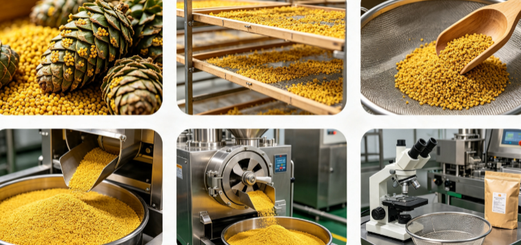 Physical wall‑breaking production process flowchart for pine pollen powder Physical wall‑breaking production process flowchart for pine pollen powder