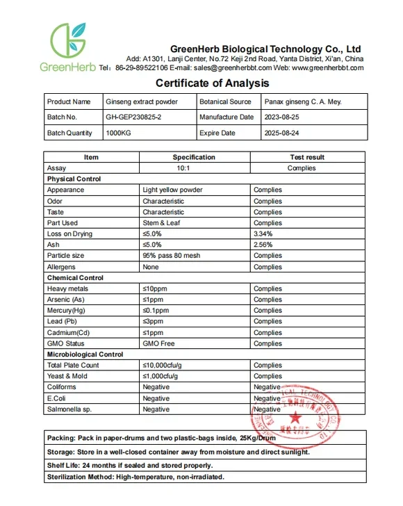 COA of Ginseng extract powder 10:1 COA of Ginseng extract powder 10:1