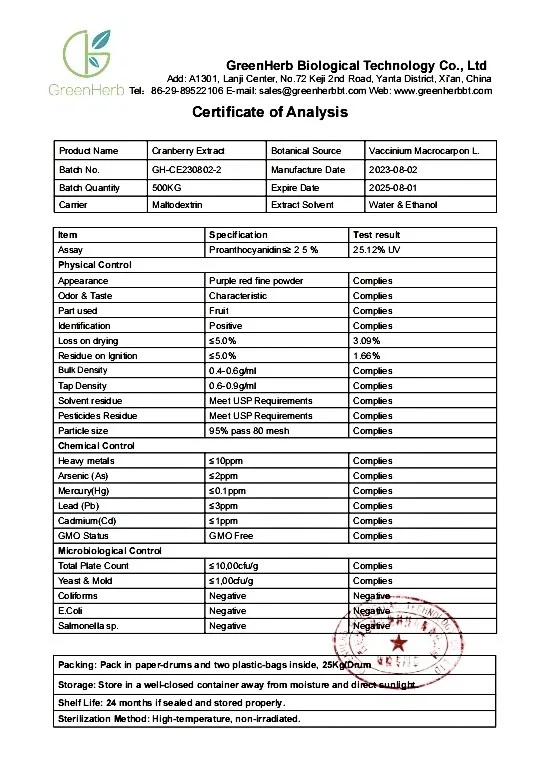 COA of Cranberry Extract Proanthocyanidins 25 % COA of Cranberry Extract Proanthocyanidins 25 %