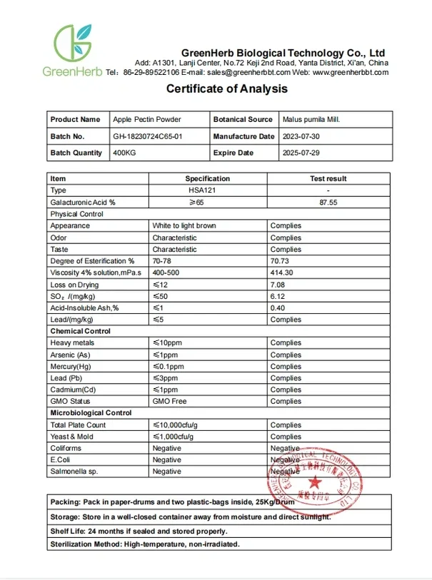 Apple Pectin Powder COA