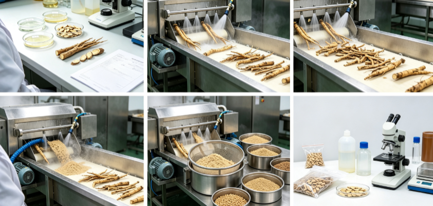 Raw root drying and milling sterilization process flowchart for astragalus root powder Raw root drying and milling sterilization process flowchart for astragalus root powder