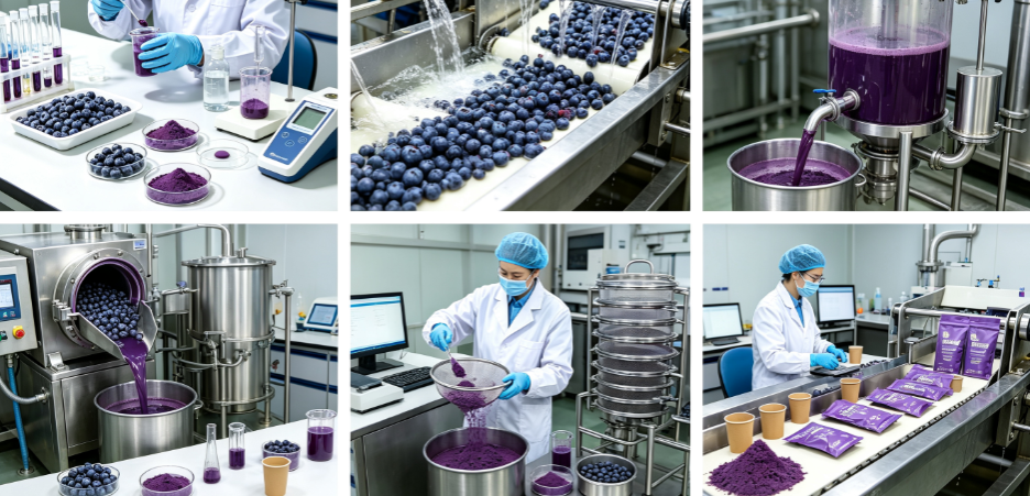 Extraction and spray drying process flowchart for blueberry fruit powder Extraction and spray drying process flowchart for blueberry fruit powder