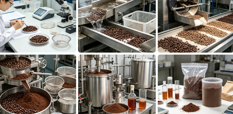 Solvent extraction process flowchart for cocoa seed extract