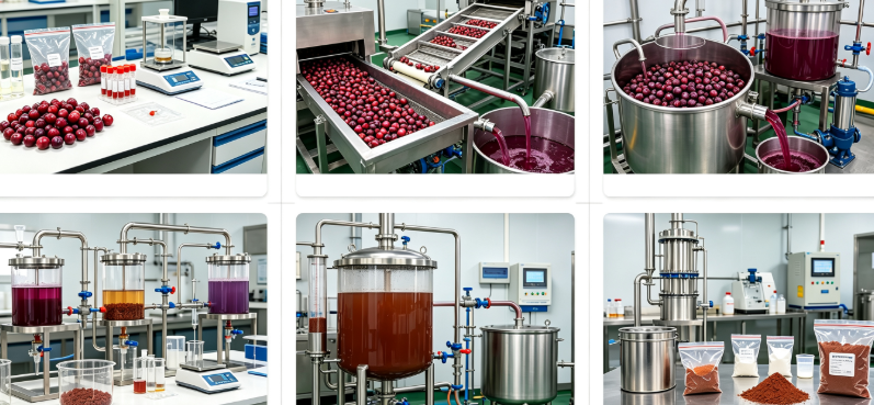 Spray‑drying extraction process flowchart for cranberry fruit extract