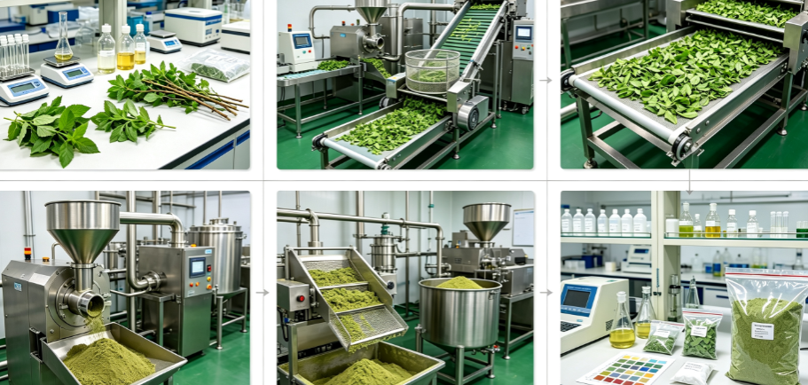 Low temperature drying & grinding process flowchart for lemon balm powder