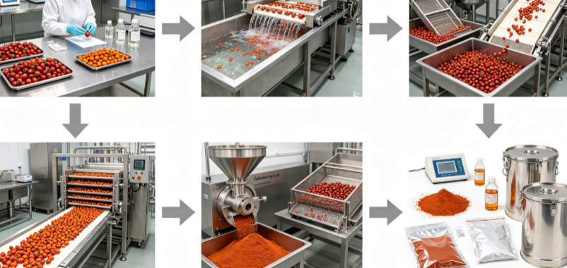 Low temperature drying & grinding process flowchart for Rosehip Fruit Powder Low temperature drying & grinding process flowchart for Rosehip Fruit Powder