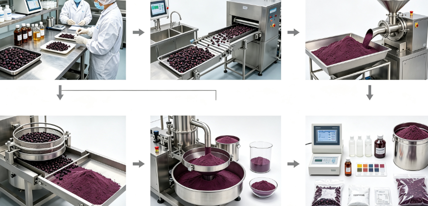 Low temperature drying & grinding process flowchart for black goji berry powder Low temperature drying & grinding process flowchart for black goji berry powder