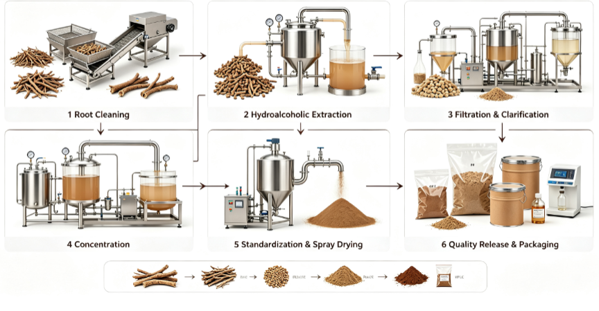 Low temperature extraction process flowchart for valerian root extract