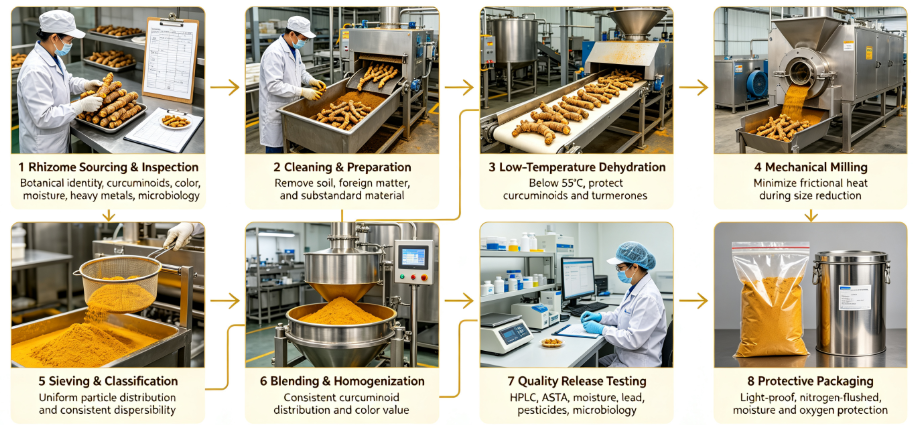 Low temperature grinding process flowchart for turmeric root powder Low temperature grinding process flowchart for turmeric root powder