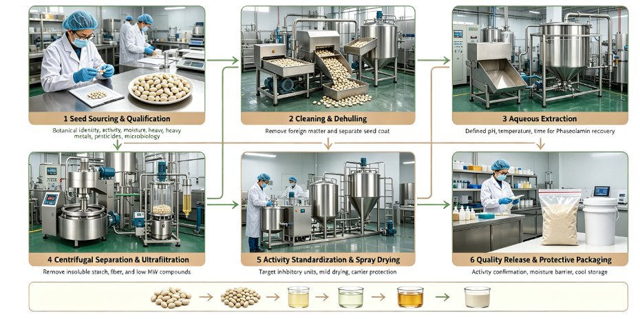 Low temperature extraction process flowchart for white kidney bean extract